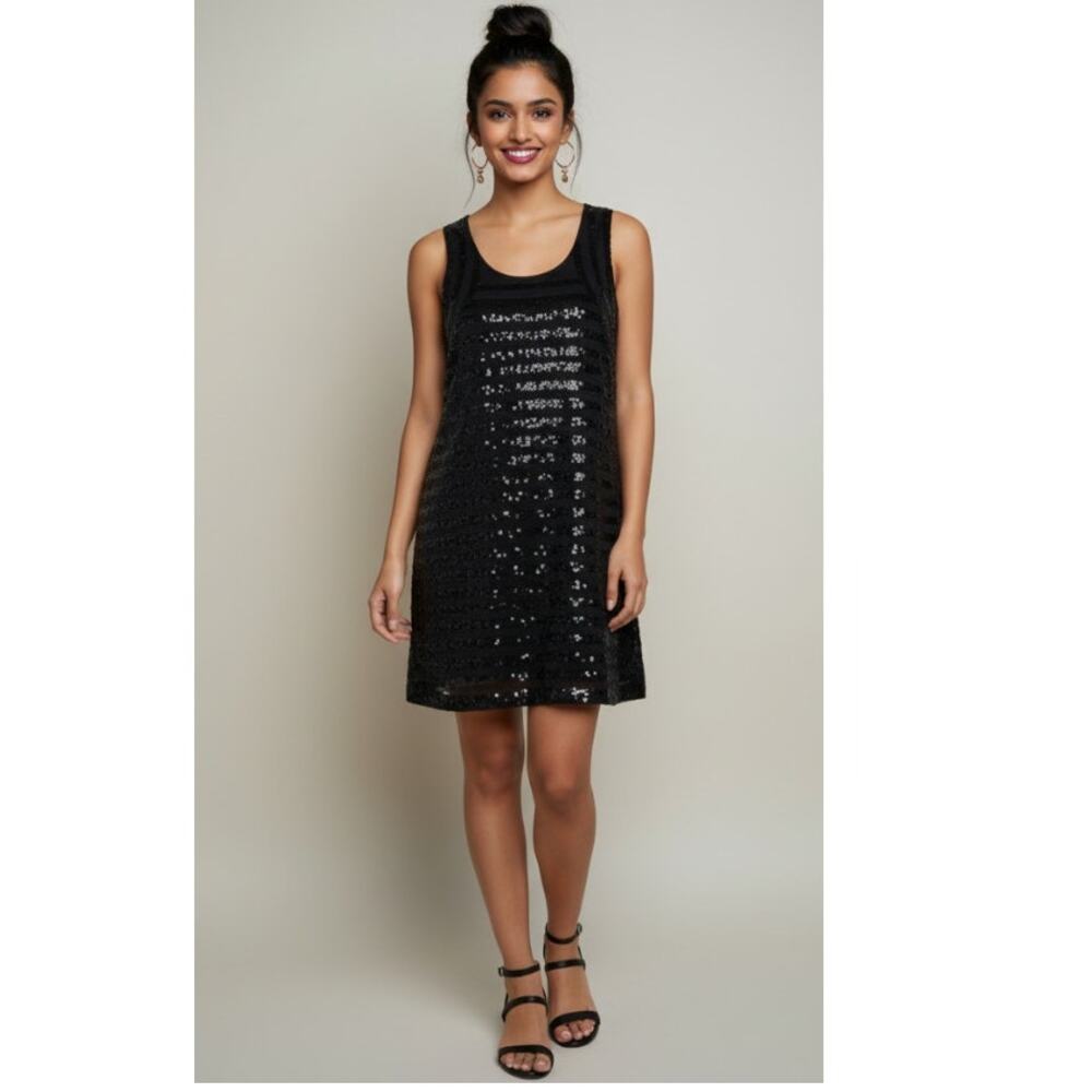 Garnet Hill Womens Medium Black Pima Cotton Blend Sequin Embellished Short Dress